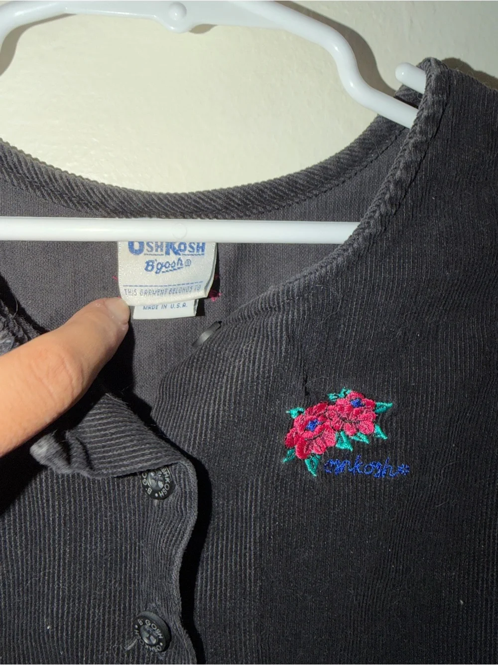 VTG Oshkosh Corduroy Jumper Dress Black Logo Flower Buttons Size 6 USA Girl's